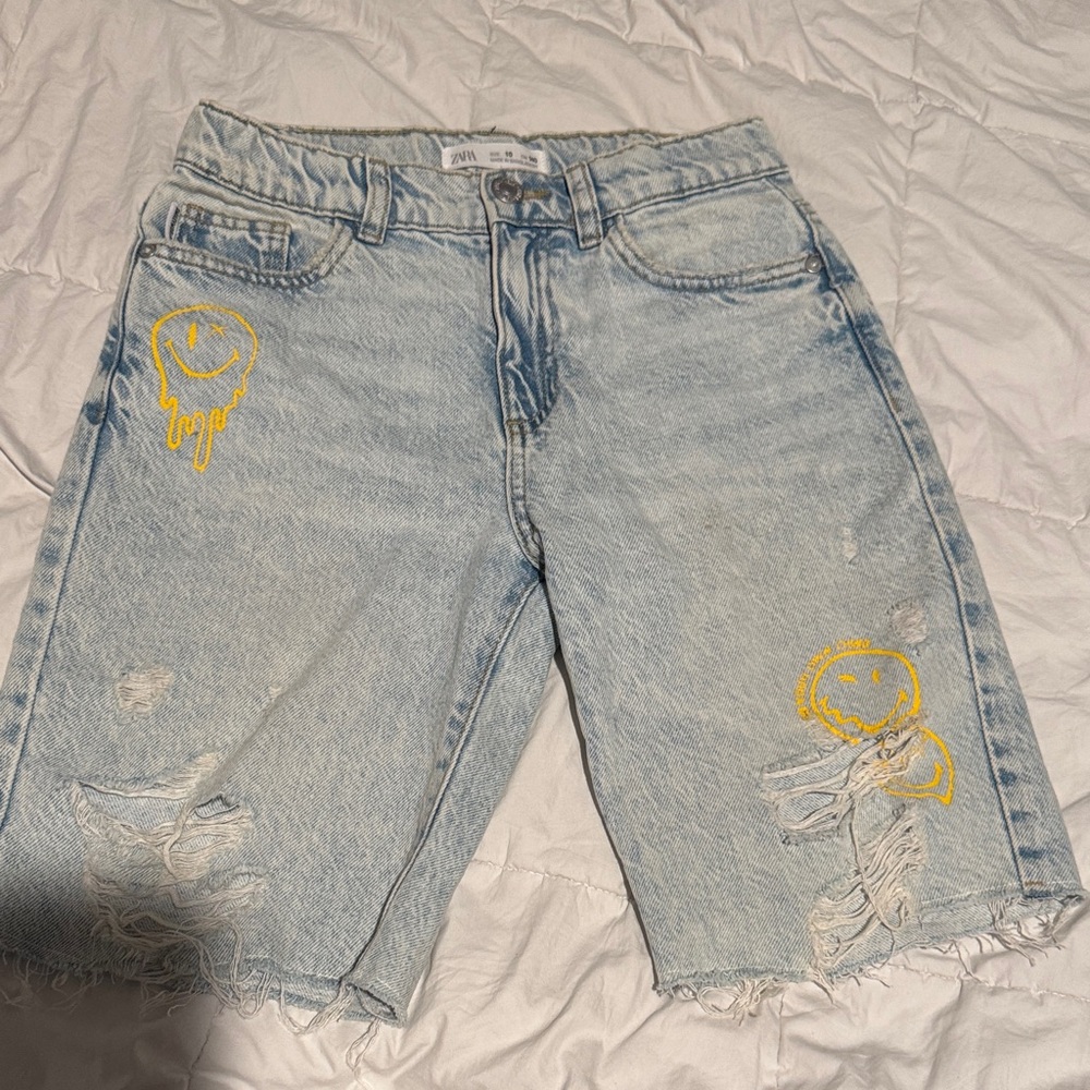 Zara Light Blue Jean Shorts with Yellow Smiley Embroidery
